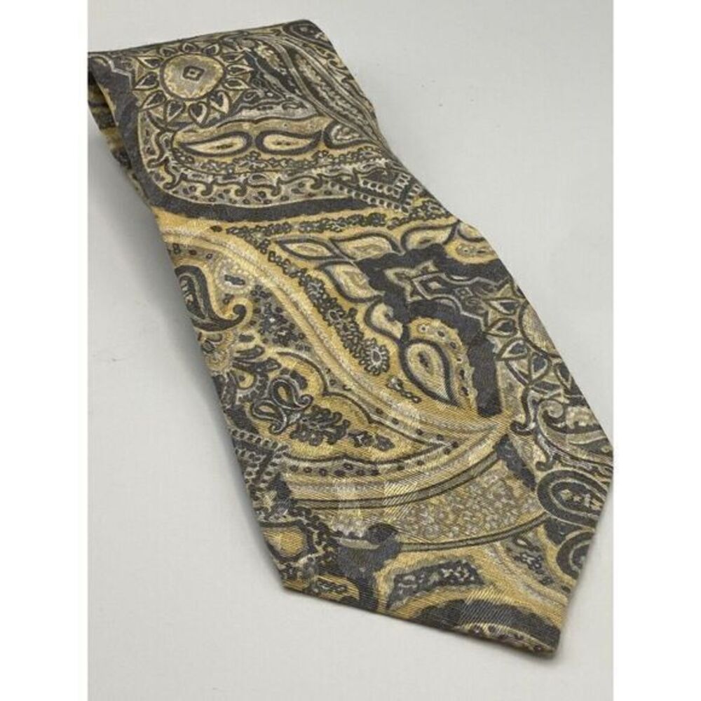 Oscar de la Renta Grey Yellow 100% Silk Tie USA Vintage